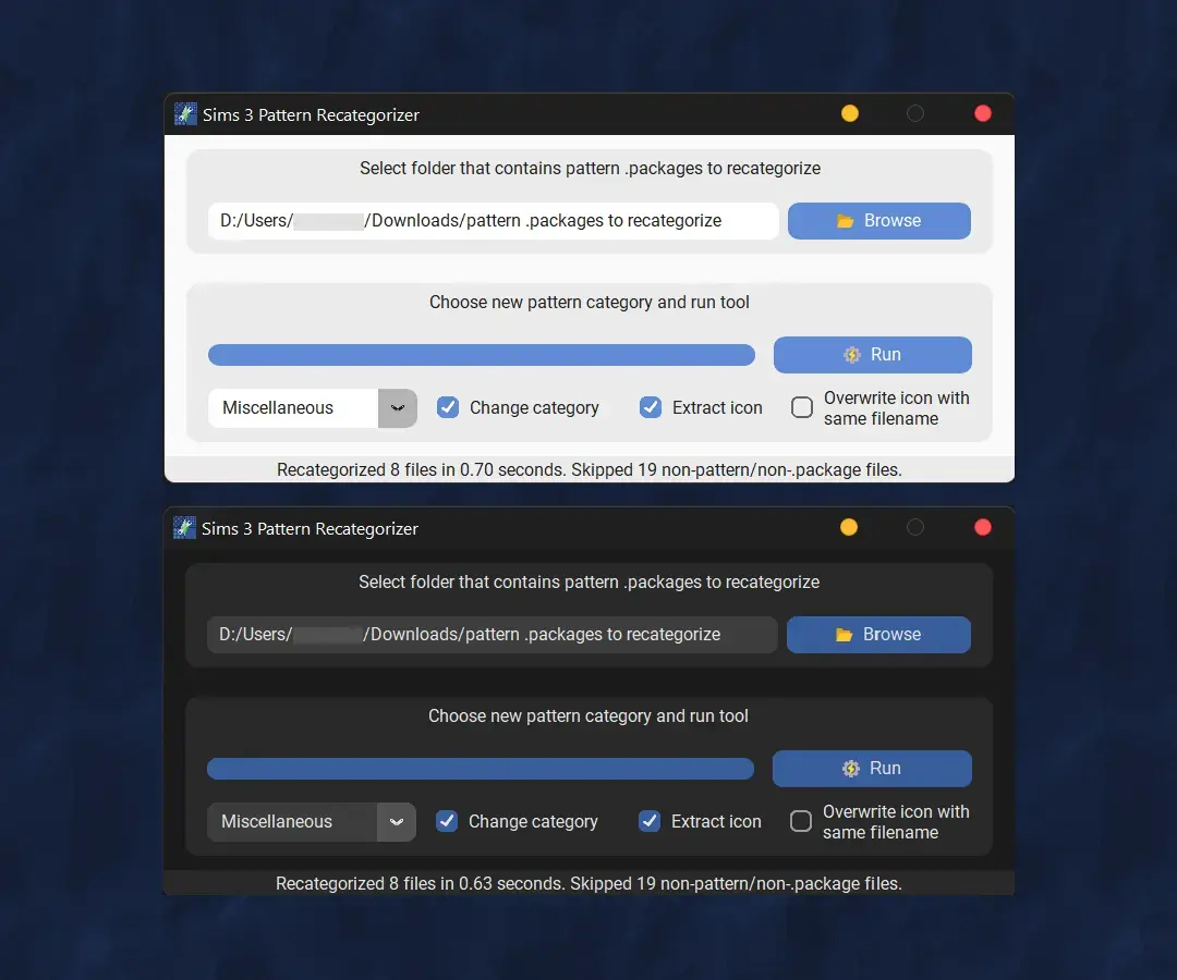 Preview of Sims 3 Pattern Recategorizer GUI with light and dark mode. Shows options to set source and destination folder, app settings, and progress bar.