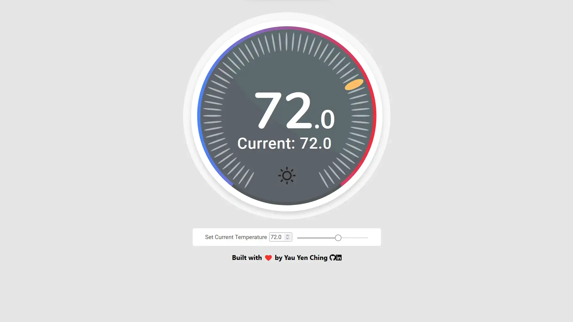 Screenshot of the Thermostat Radial Slider UI. Shows a thermostat UI component with a radial thumb along the track. Has goal temperature and current temperature readings in the dial. Below the thermostat, therre is a slider to set current temperature.