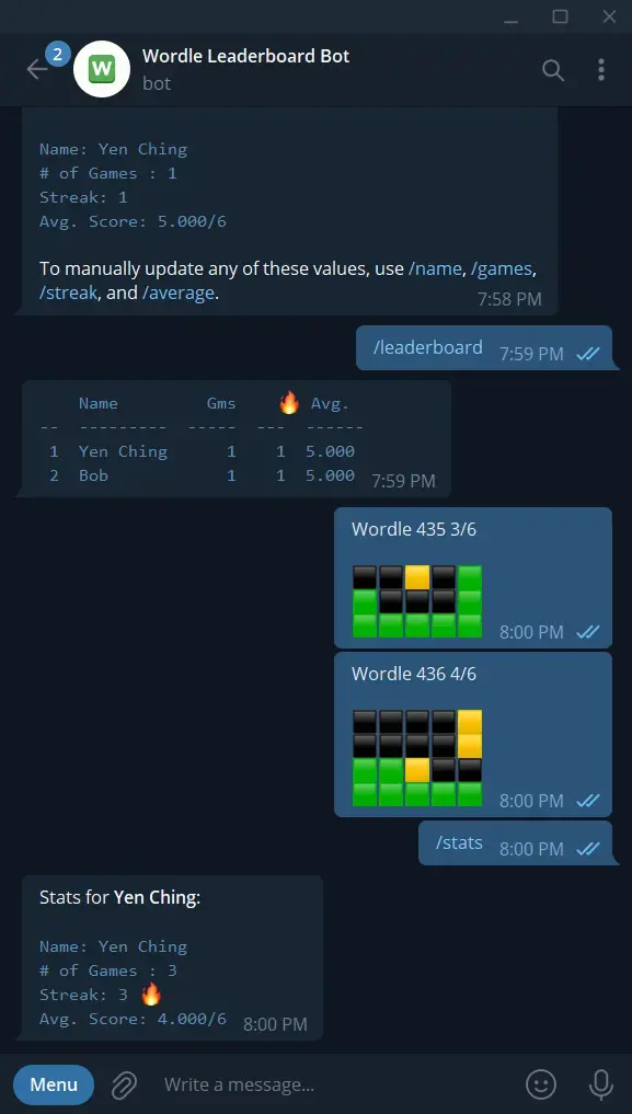 Screenshot of Wordle Leaderboard Telegram Bot on Telegram UI. Shows user inputting wordle results, and the bot displaying a leaderboard with data for Name, no. of Games, Streak, and Score Average.